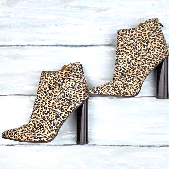 Qupid Pointed Toe Leopard Print Heeled Booties Chunky Block Heel Ankle Boot 5.5M - Picture 11 of 16